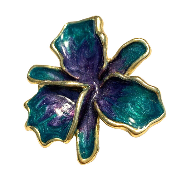 Vintage Gold Flower Brooch 1980’s Green & Blue Swirl Enamel Pin Naturalist Flora - Picture 2 of 7
